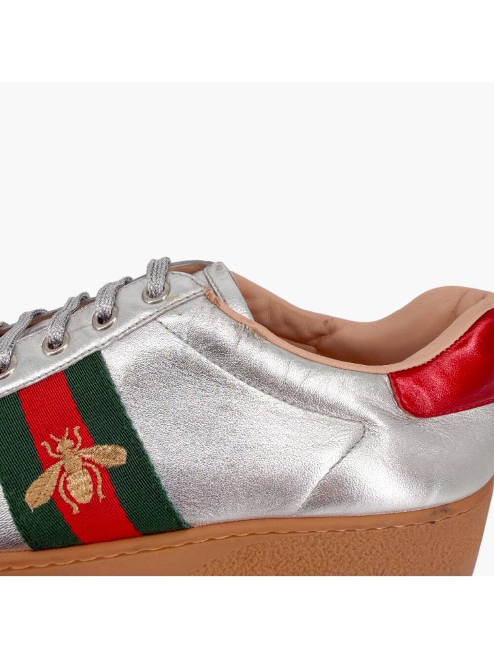 Gucci Ace Bee Silver Leather Platform Low Top Sneakers Shoes Size 41 US 11 Women - Picture 8 of 15